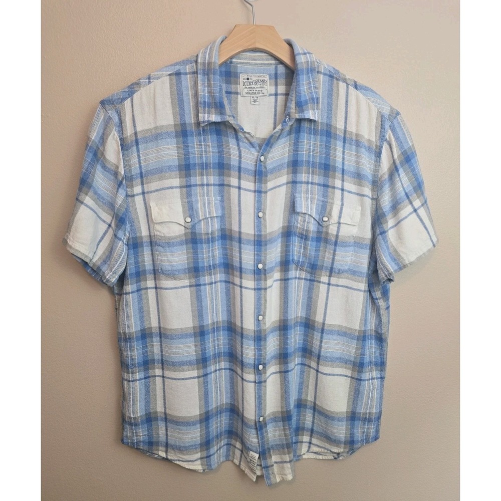 Lucky Brand XL Linen Blend Pearl Snap Plaid Western Shirt Mens Short Sleeve